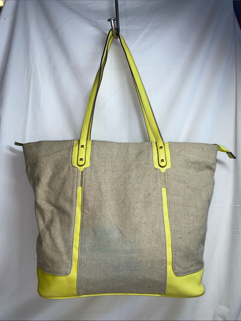 Stella & Dot Hello Sun Canvas Tote Bag with Neon Yellow Trim - Neutral/Yellow